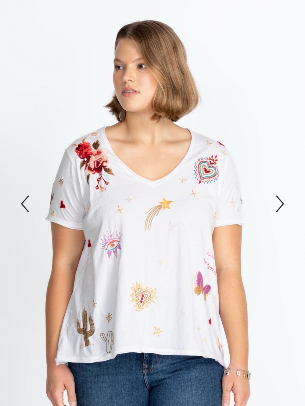 Johnny Was Monroe White V-Neck Tee with Embroidered Motifs - Picture 4 of 8